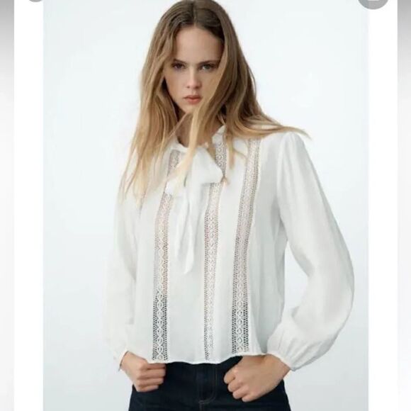ZARA ROMANTIC LACE INSERT LANTERN SLEEVE TIE NECK BLOUSE - Picture 1 of 8